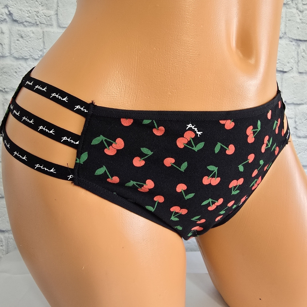 Victorias Secret PINK Cherry Fruit Logo Mini Strap Black Cheekster Panty New XXL